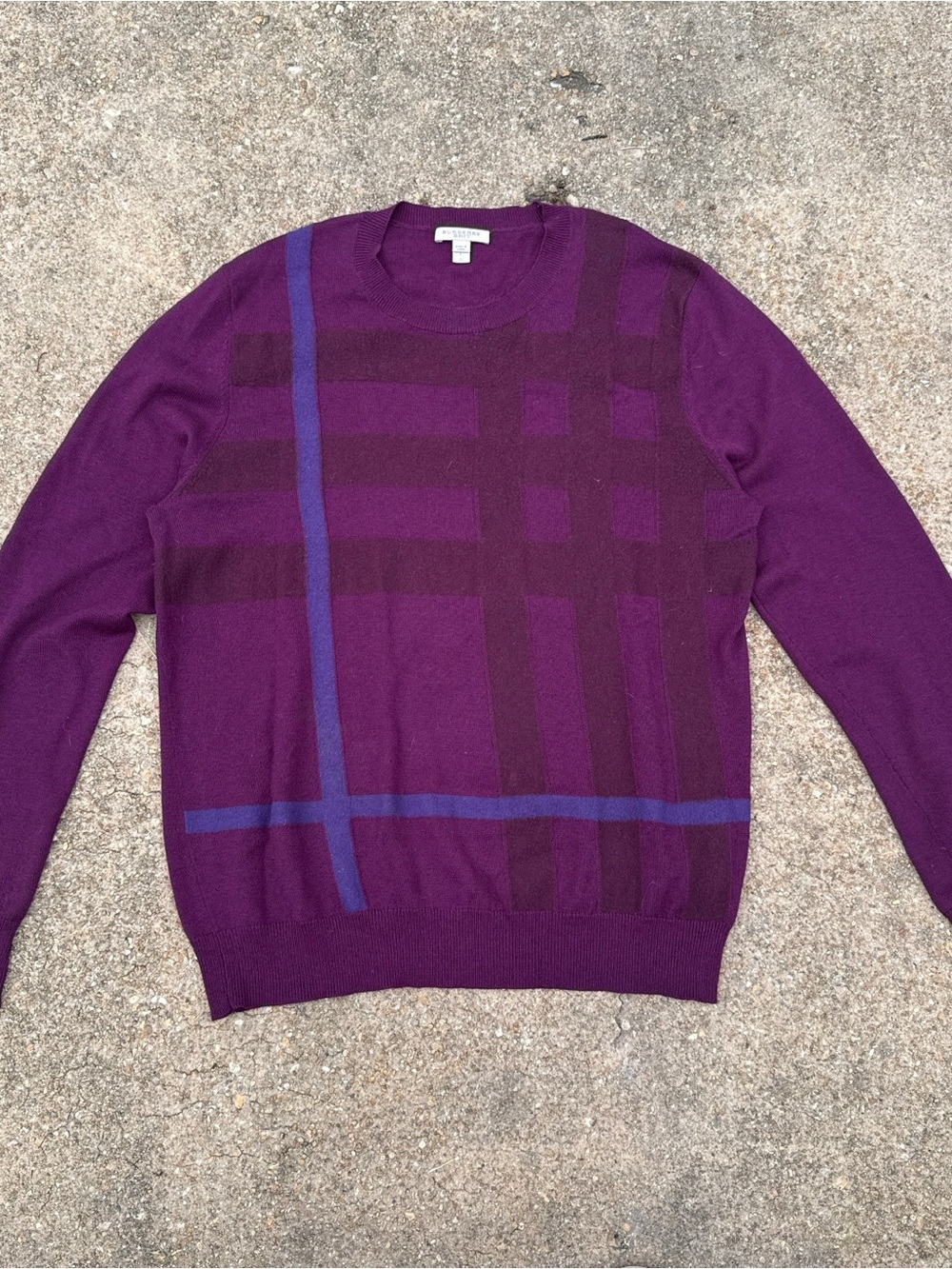 Burberry Men's Purple Crewneck Sweater with Blue Plaid Accents